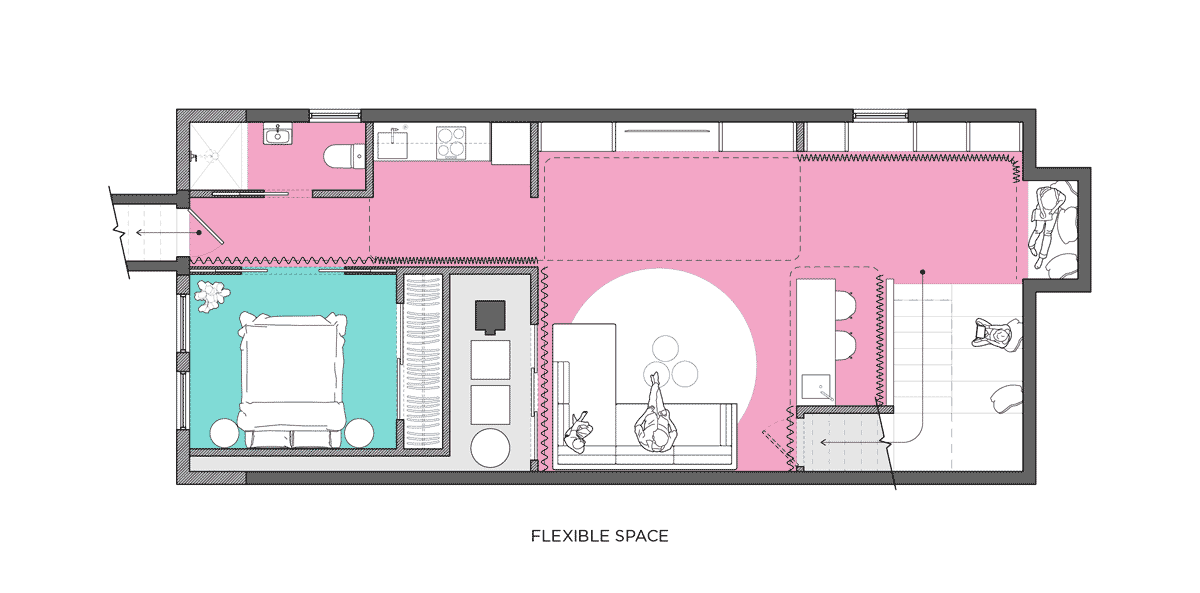 Flexible space is created through the use of reconfigurable curtain panels