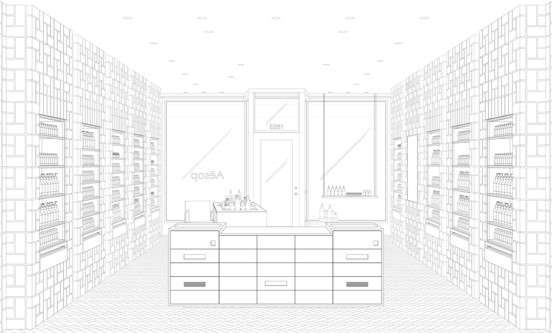 Interior perspective drawing of Aesop Bucktown retail interior renovation in Chicago