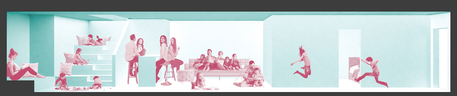 Collage illustrating multitude of uses for remodeled basement
