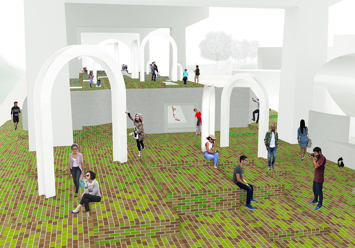 The scuby play area featuring terraced seating, and arched landscape elements
