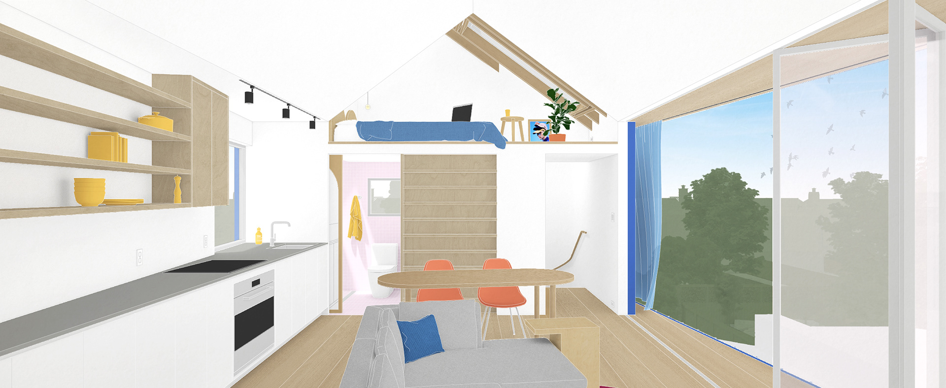 Tiny House Accessory Dwelling Unit ADU Interior view showing lofted bed, living and dining space, and operable facade with curtain.