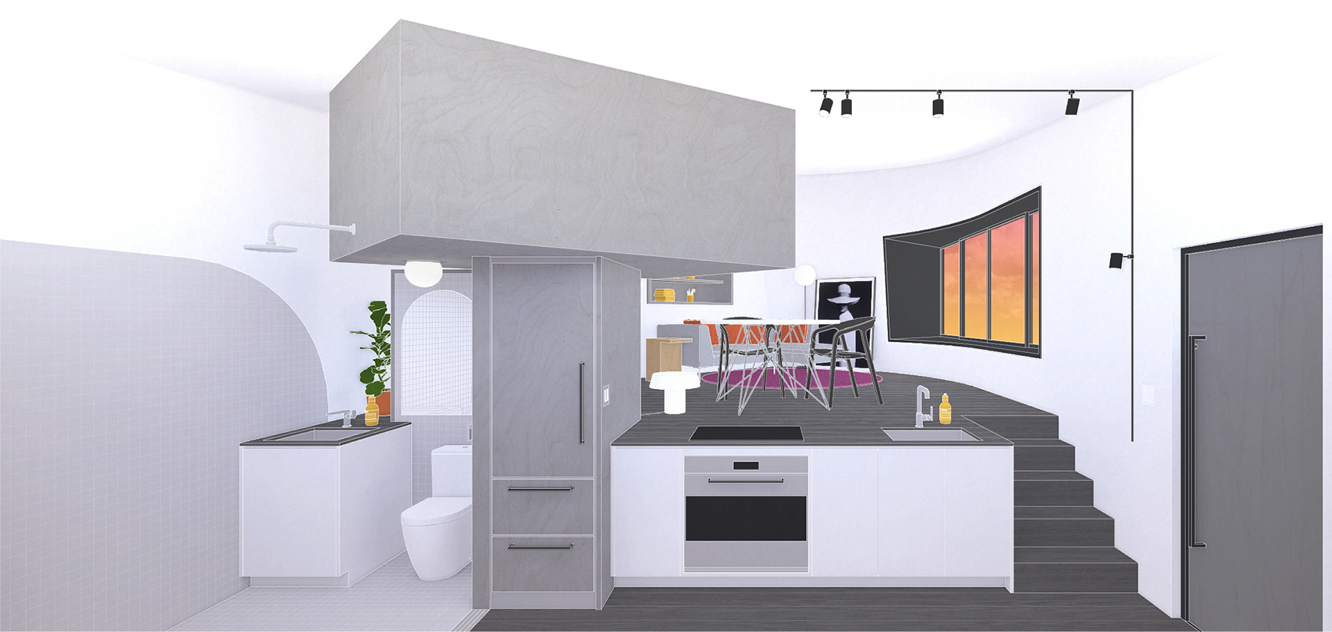 Tiny House Accessory Dwelling Unit ADU Interior view with shifted ground plane, lofted bed, living and dining space, and bathroom.