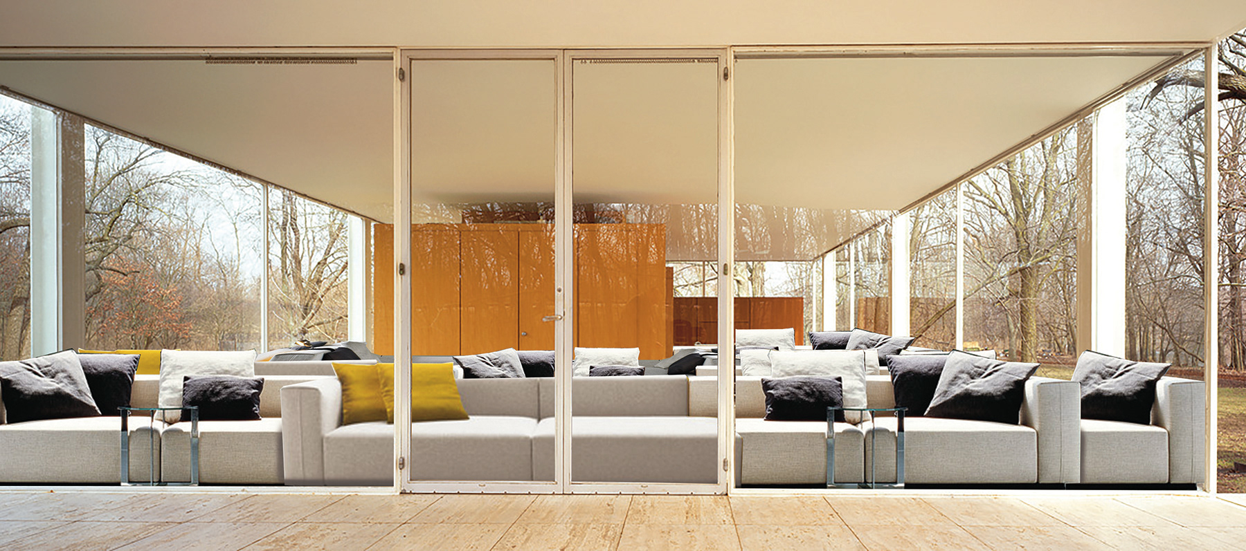 Collage of sectional sofas and Ludwig Mies van der Rohe's Farnsworth House.