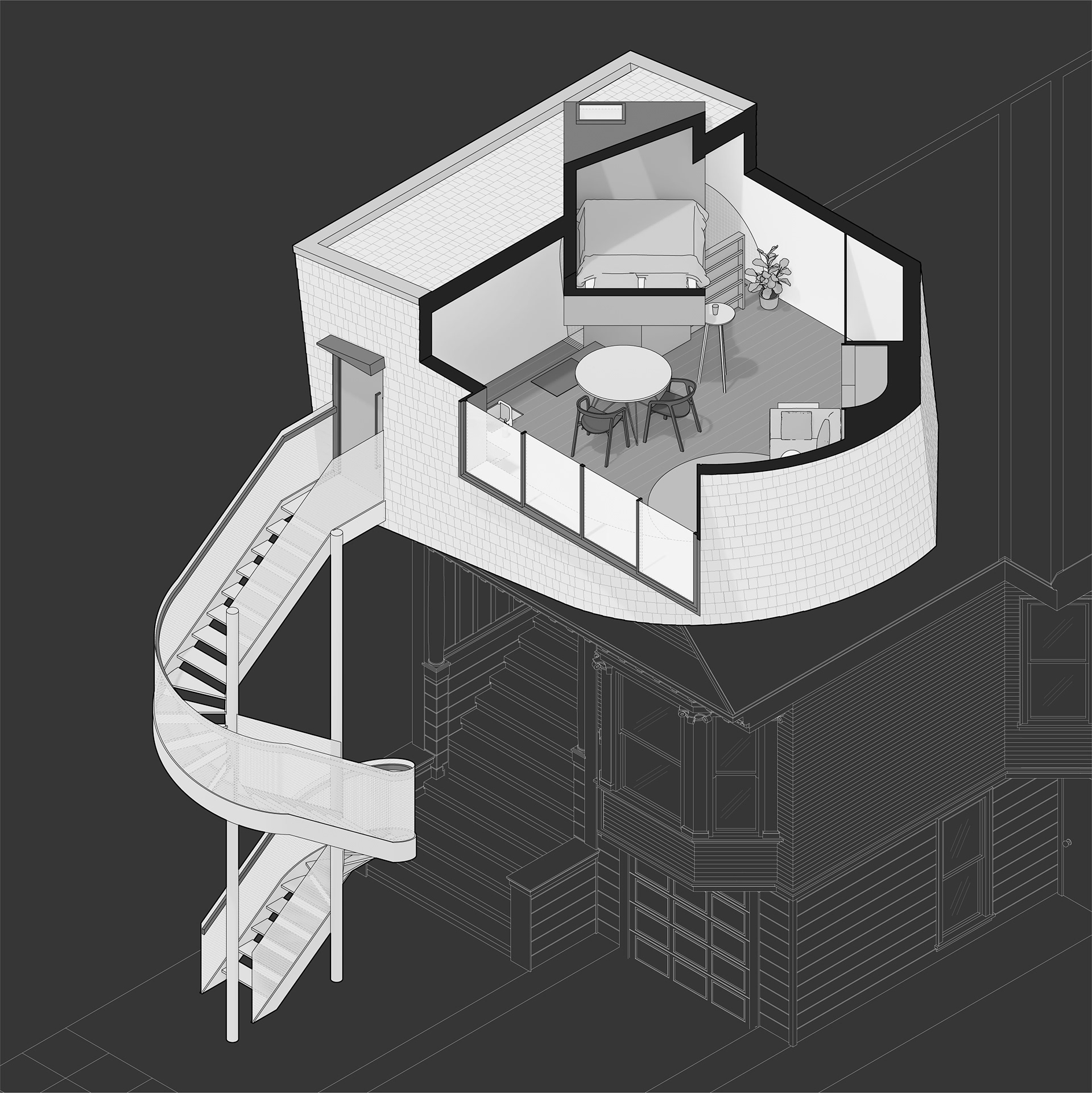 Isometric cutaway view of Fascinator Accessory Dwelling unit is worn like a hat by the existing house