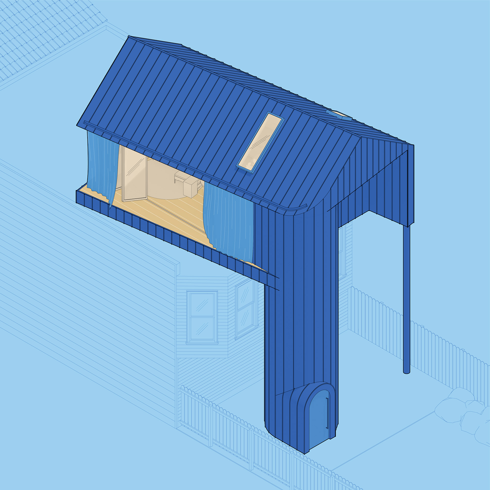 Isometric view: Tiny House Accessory Dwelling Unit ADU is worn like a hat by the existing house