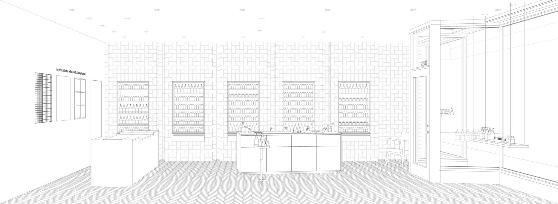Interior perspective drawing of Aesop Bucktown retail interior renovation in Chicago