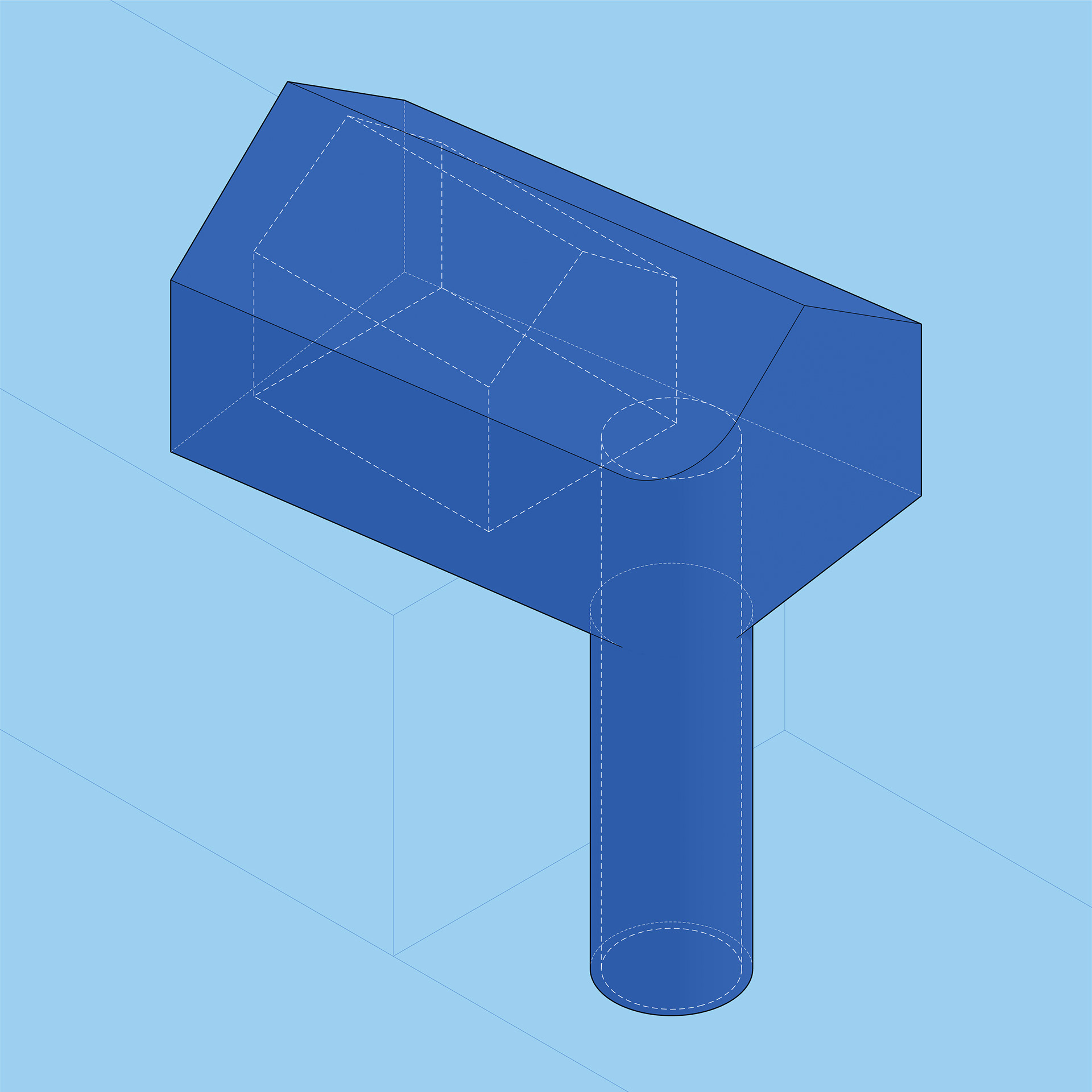 Isometric diagram: Tiny House Accessory Dwelling Unit ADU is composed of two shifted gabled volumes, and a spiral stair