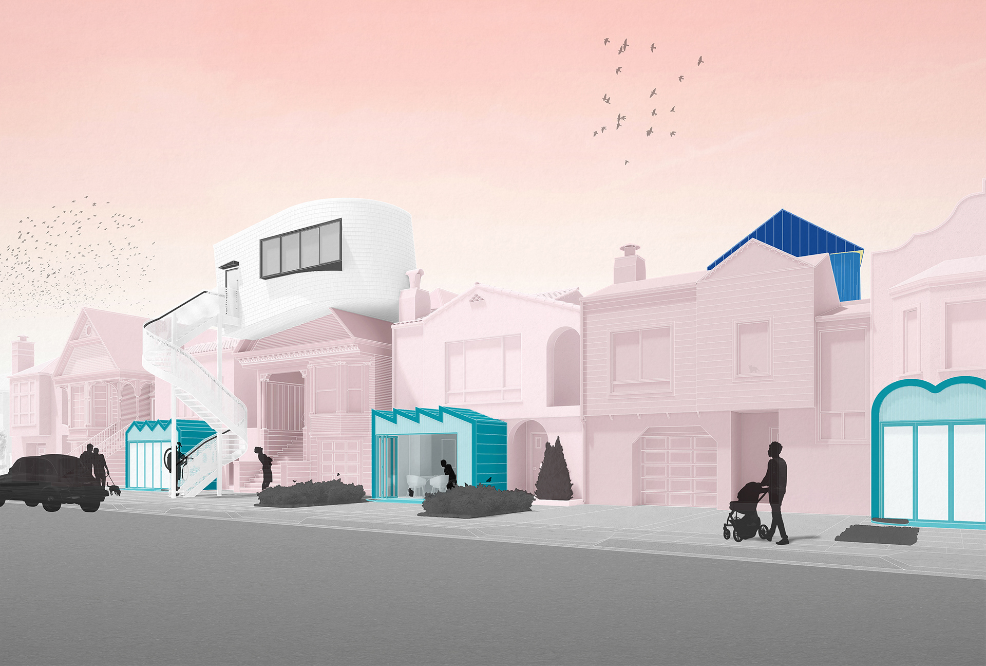 Street view of Tiny House Accessory Dwelling Units ADU, worn as fashion accessories by existing houses