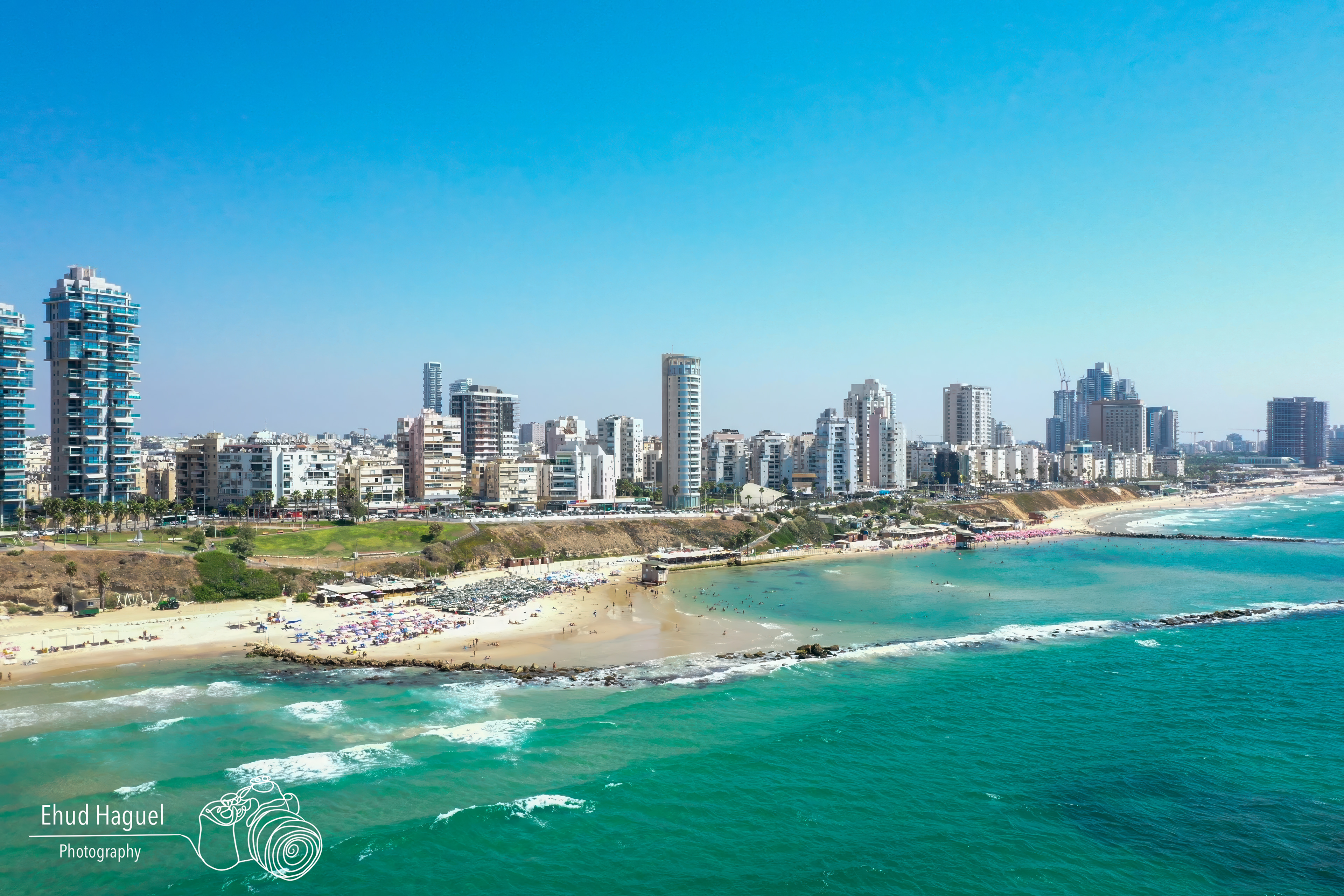 Aerial view of Tel Aviv coastline and city skyline, drone photography Israel