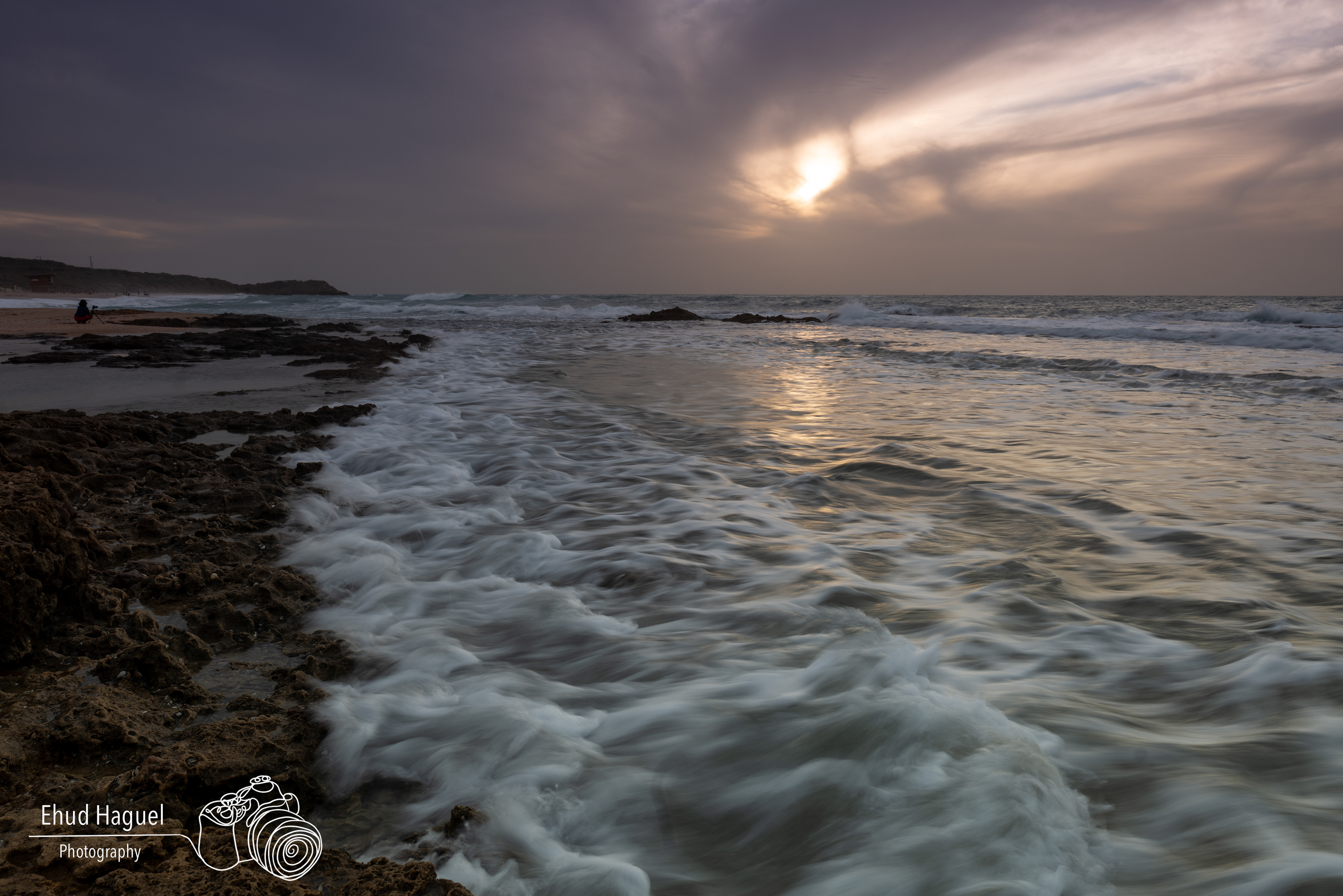 Long exposure coastal waves at sunset, landscape photography Israel