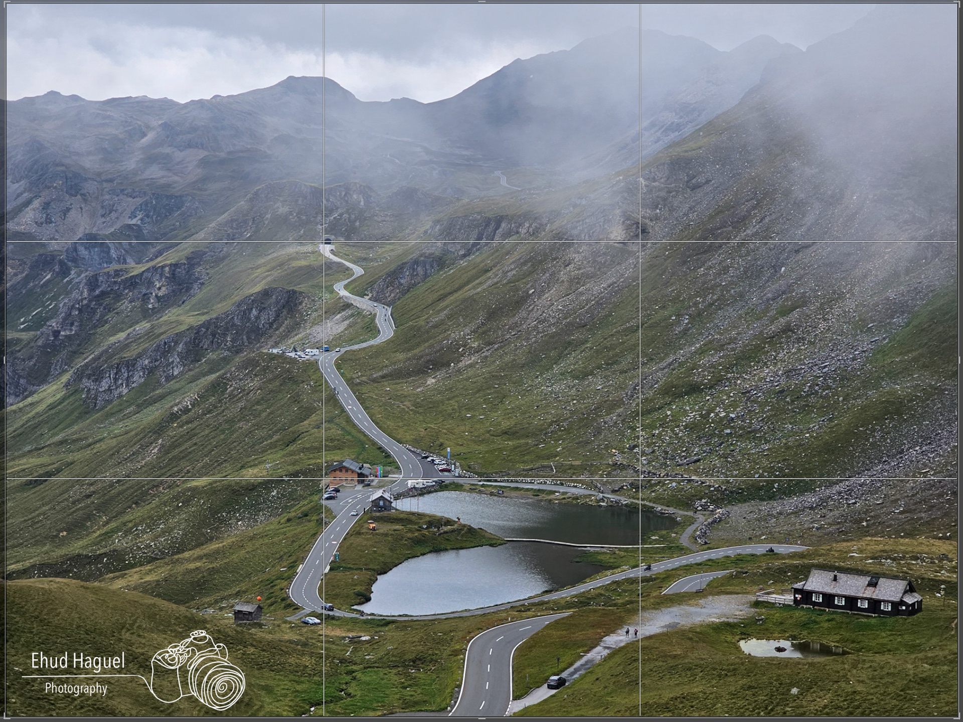 Mountain road winding through alpine landscape, composition photography Austria