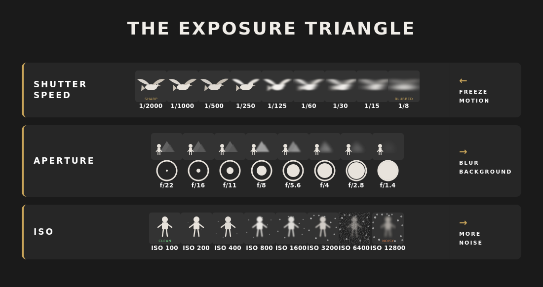 Exposure triangle diagram showing shutter speed, aperture, and ISO effects on photography
