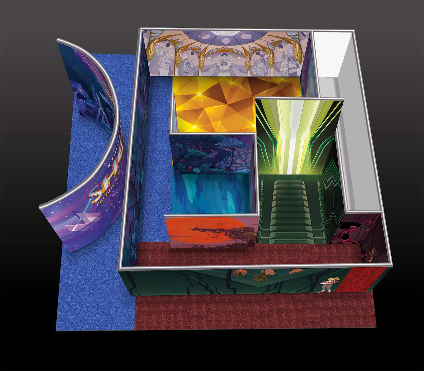 An overhead view of the reverse side of the exhibit. Guests would queue along the bottom strip of carpet here leading to the red door on the right that served as the entrance. Guests would then have an opportunity to have a photo taken on the Evil Horde's throne.