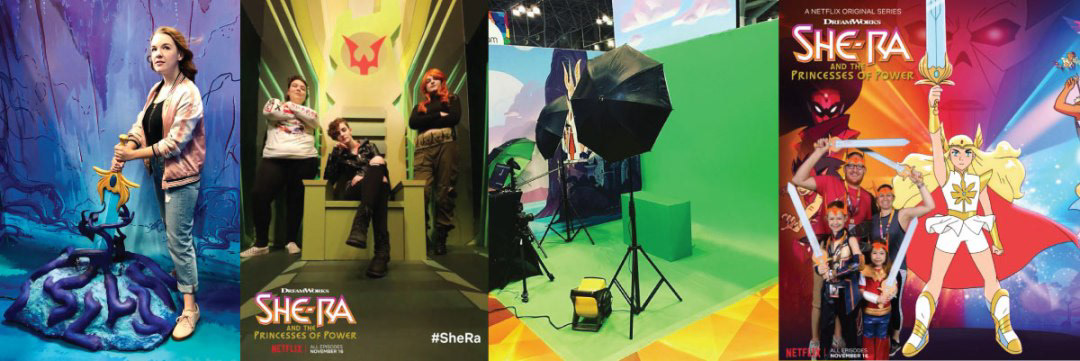 On the far left is ND Stevensen, the creator of the show, enjoying the Whispering Wood area. There are also two photos of guests enjoying the booth and a shot of the green screen area of the exhibit.