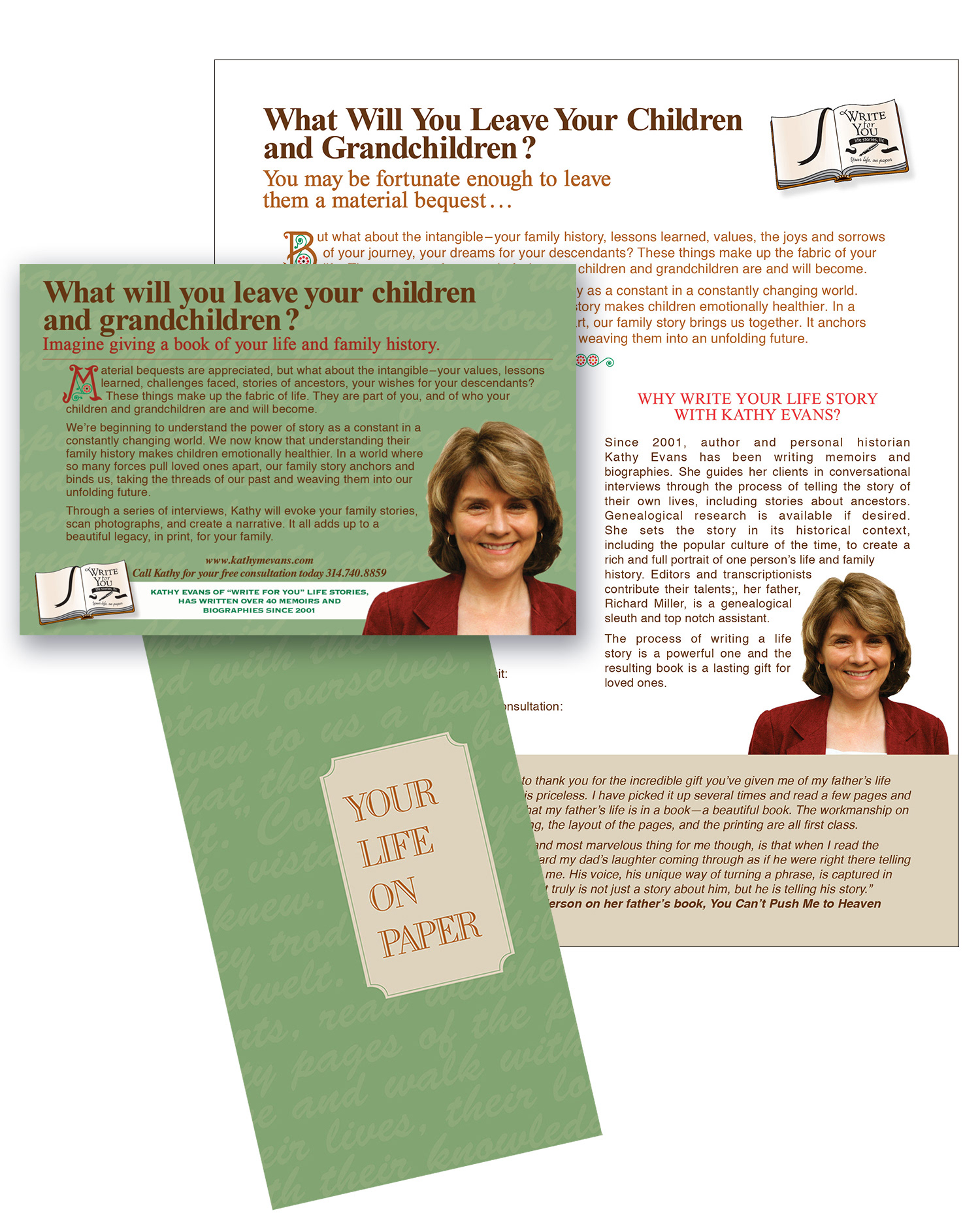 brochure, biographer, writer, postcard, marketing