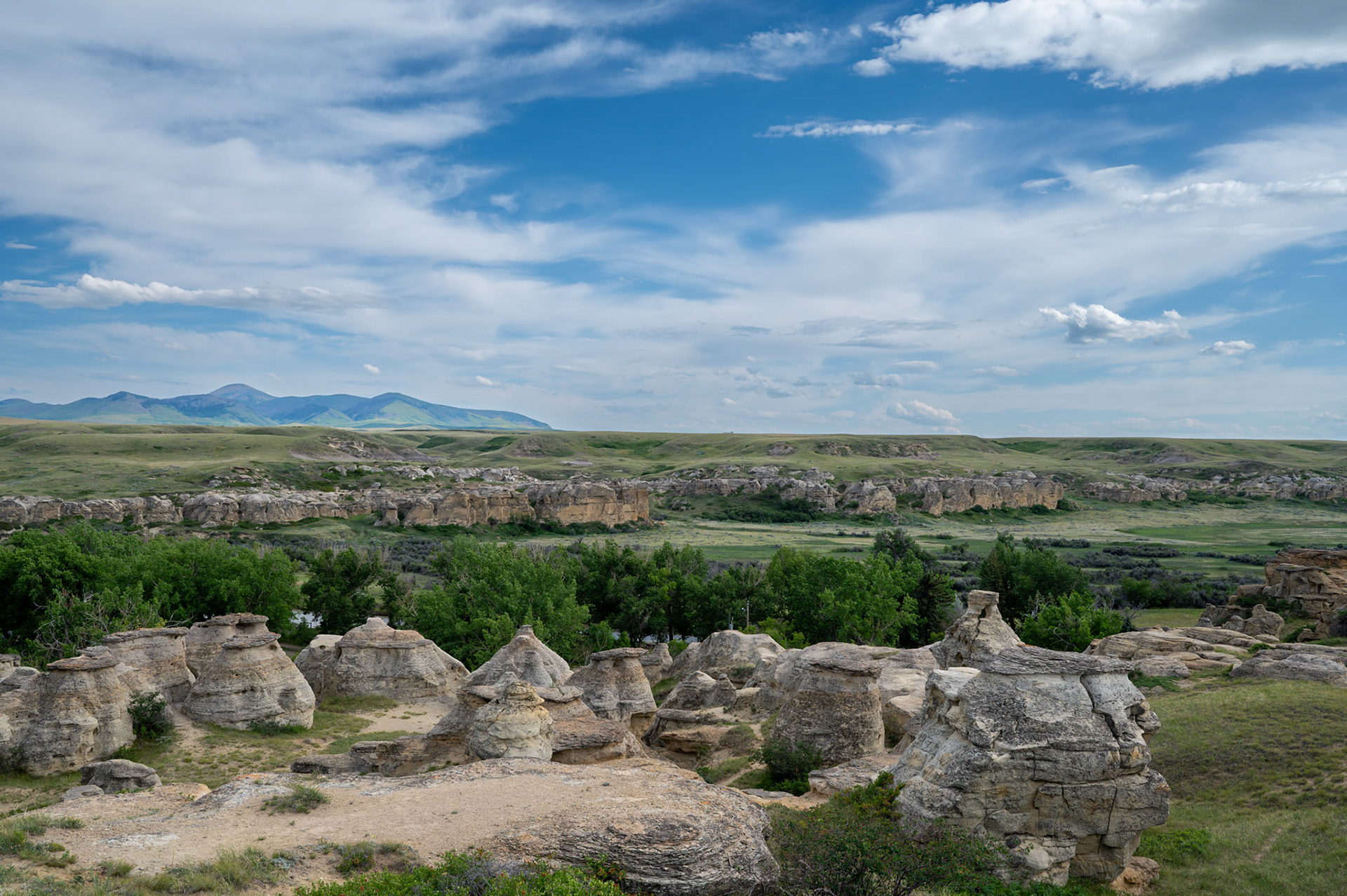 Hoodoos and other rock formations of Writing-on-Stone Provincial Park in Alberta.