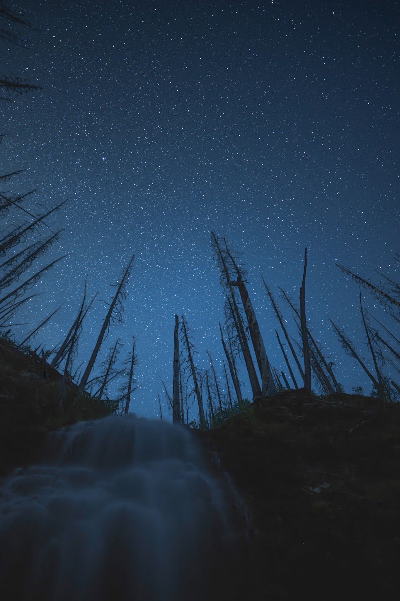 Moonlit night under Forum Falls in Waterton National Park.