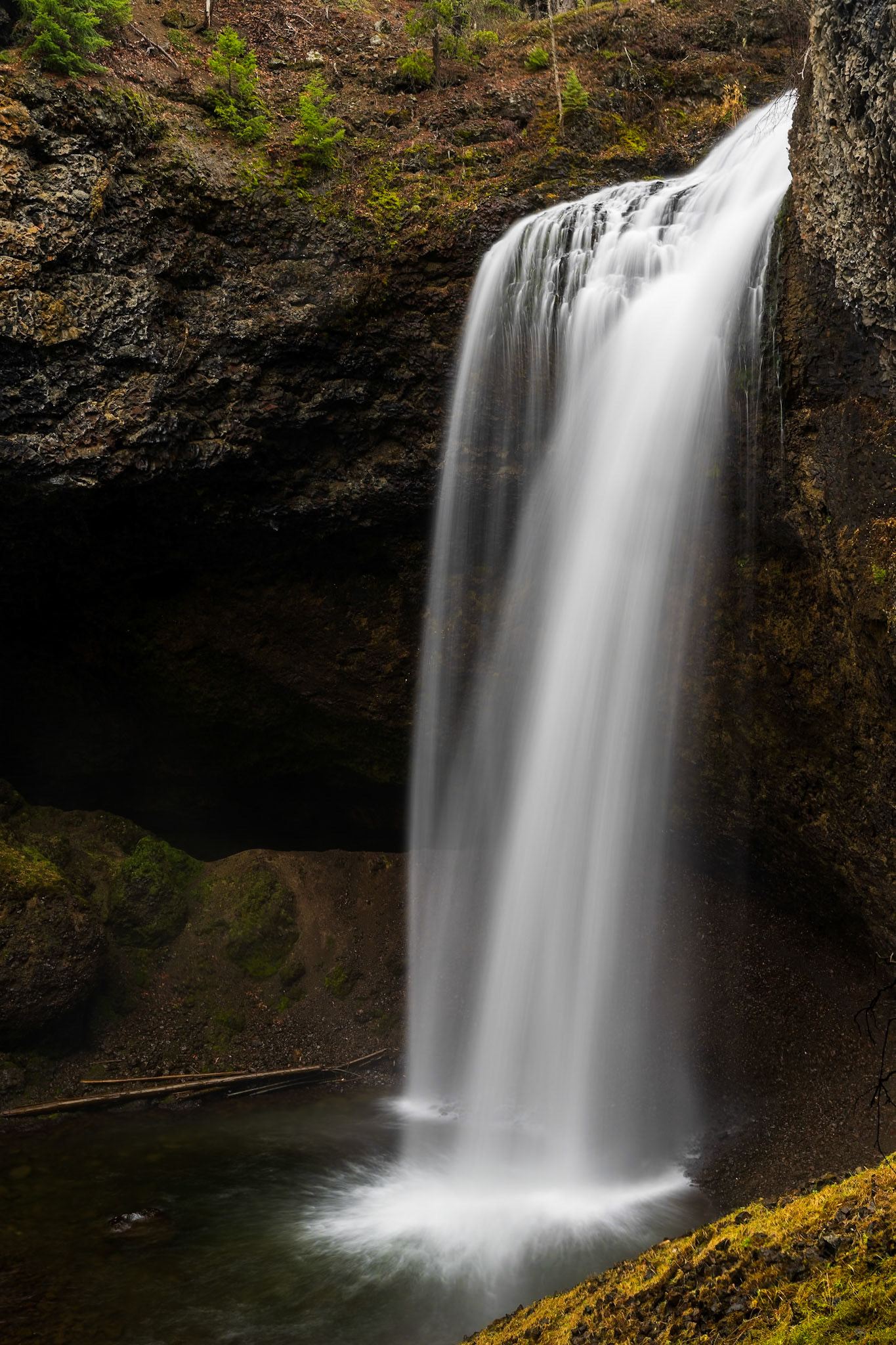 The side profile of Moul Falls highlights the waterfall’s graceful descent through Wells Gray Provincial Park’s pristine wilderness. At 35 metres tall, Moul Falls is unique in that visitors can walk behind the cascade for an immersive experience.