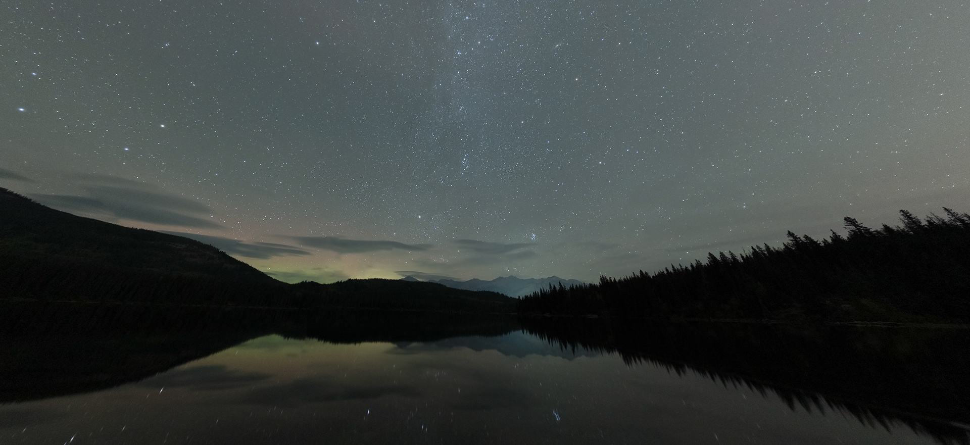 Stars over Pyramid Lake, in Jasper National Park, Alberta.