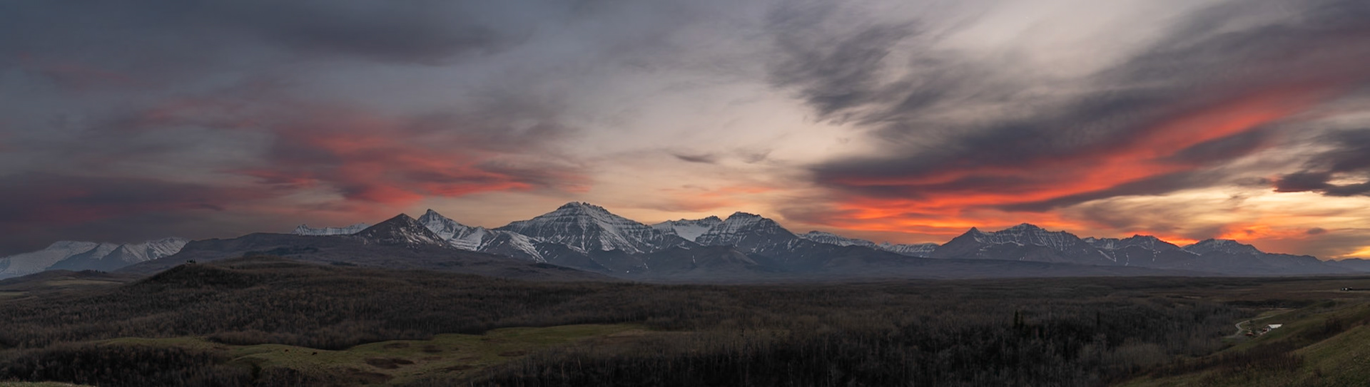 Sunset over the Canadian Rockies north of Waterton Lakes National Park, Alberta.