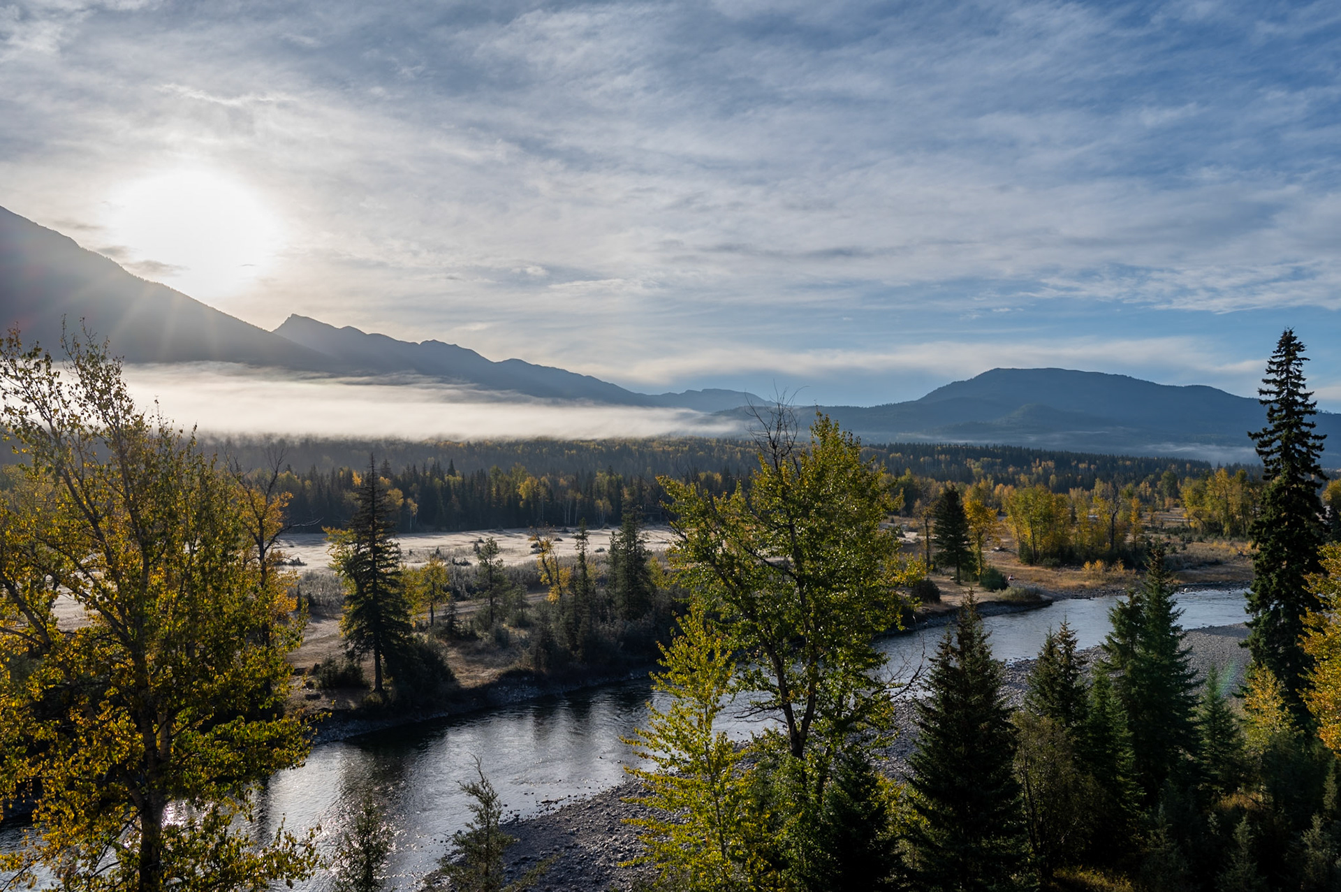 Sunrise over the Elk River flowing through the Big Ranch Conservation Property, British Columbia.