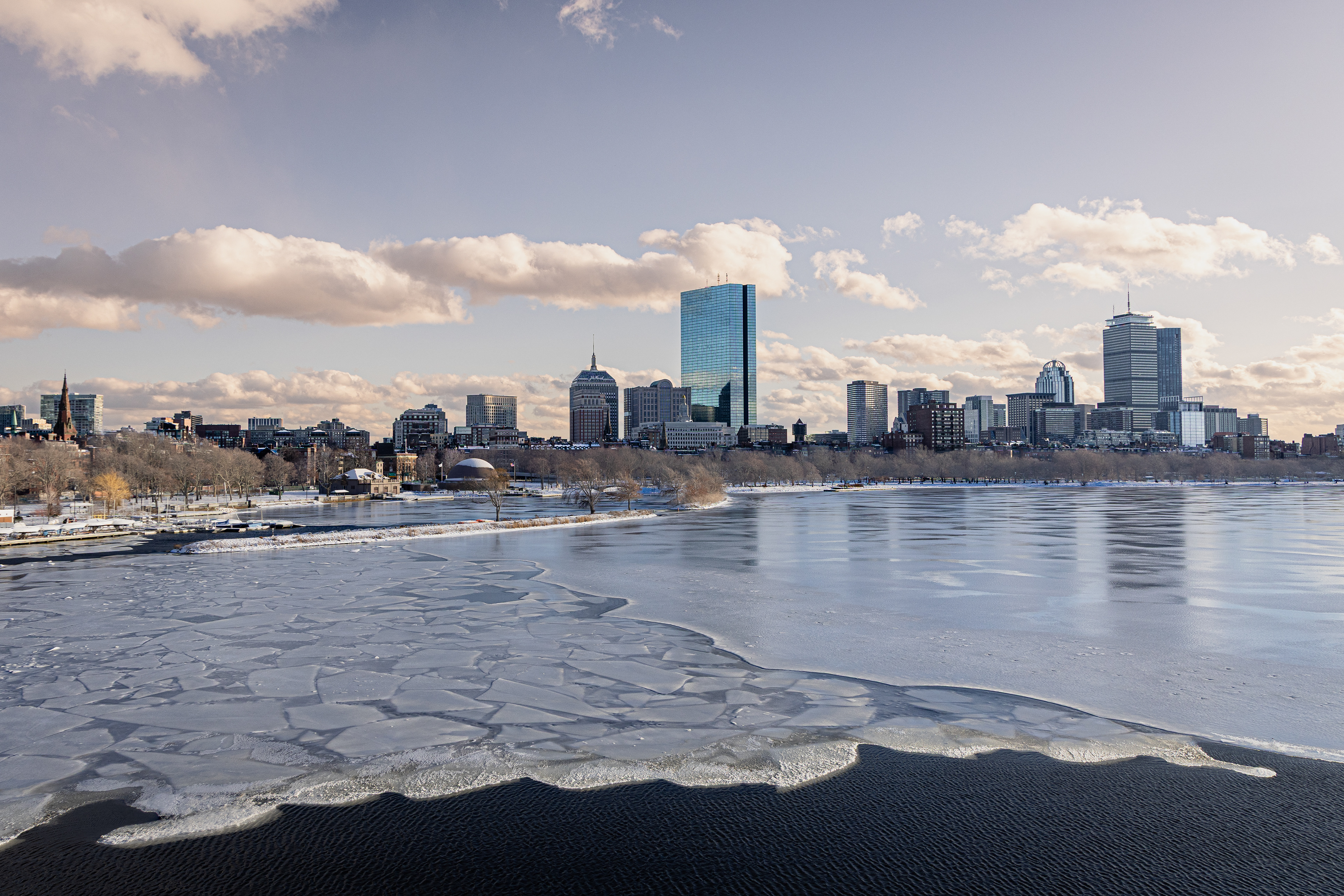 Boston skyline with the icy Charles River