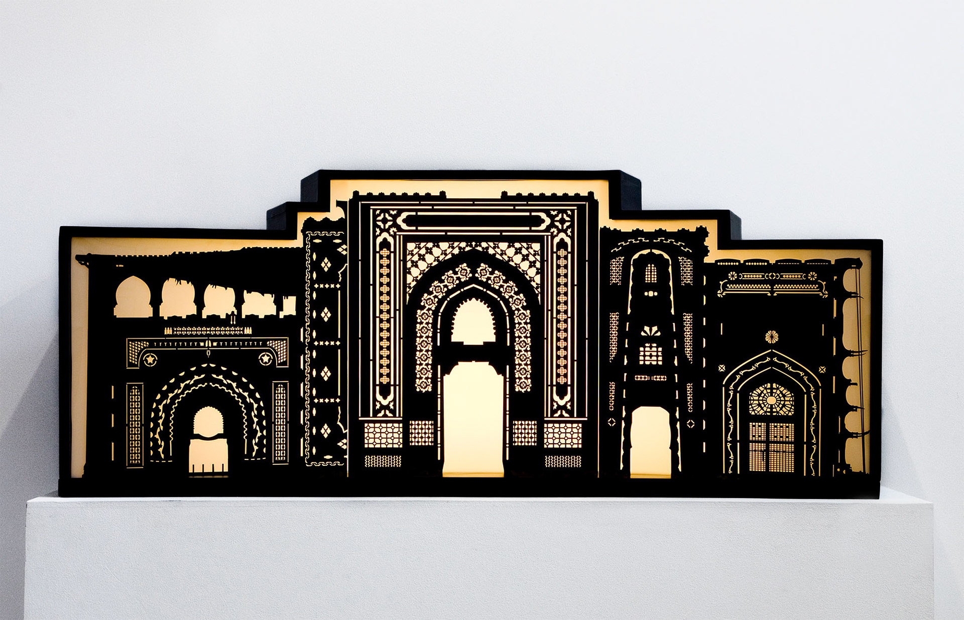 Sha'arot | 2010 | cardboard, laser cutting, wood, perspex, fluorescent light | 158x55x30 cm