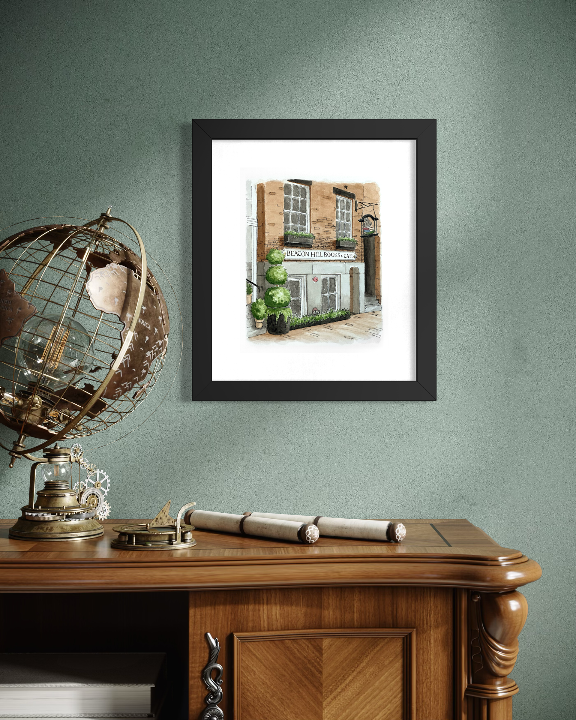 Beacon Hill Books and Cafe 8x10 Watercolor Gicleé Print Framed and Hanging in an Office.