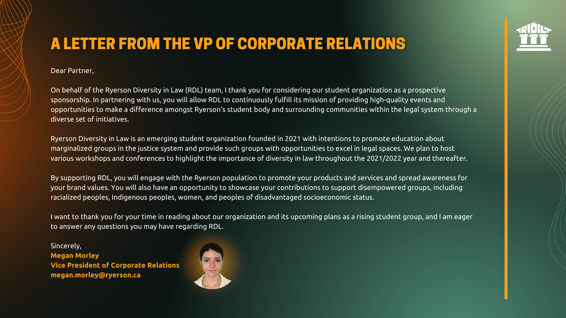 RDL Sponsorship Package - Letter from the VP of Corporate Relations