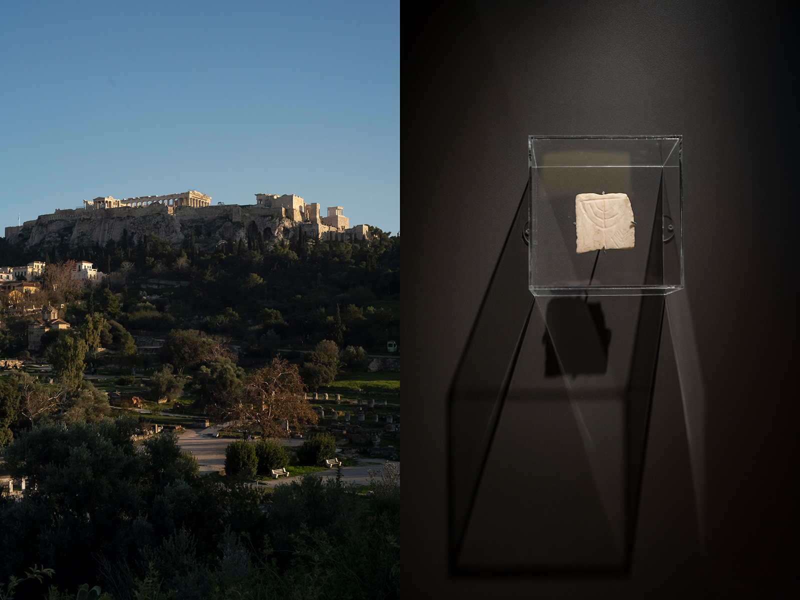 Jason Francisco / Left: The Acropolis and the Ancient Agora, Athens; Right: Tile from an ancient synagogue once located in the Agora, on display at the Jewish Museum, Athens.