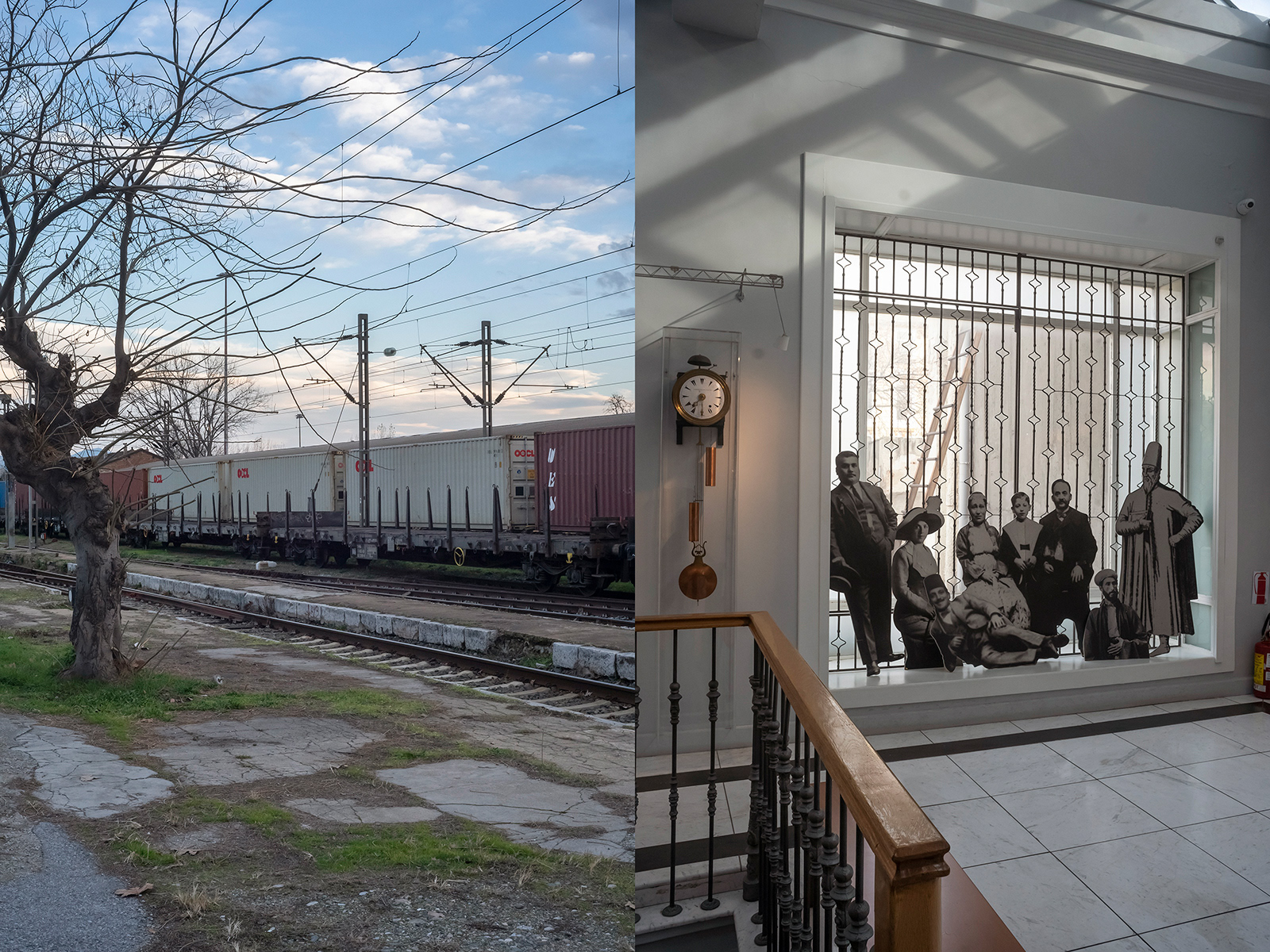 Jason Francisco / Left: Deportation platform from which the Jews of Thessaliniki were deported during the Holocaust; Right: Display in the Jewish Museum of Thessaloniki.