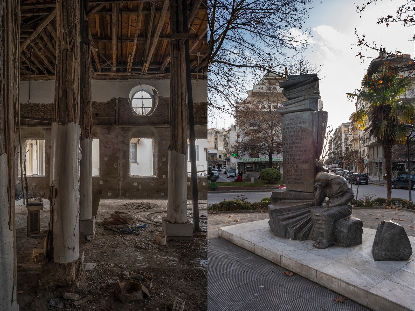 Jason Francisco / Left: The synagogue of Larissa; Right: Memorial to the murdered Jews of Larissa.