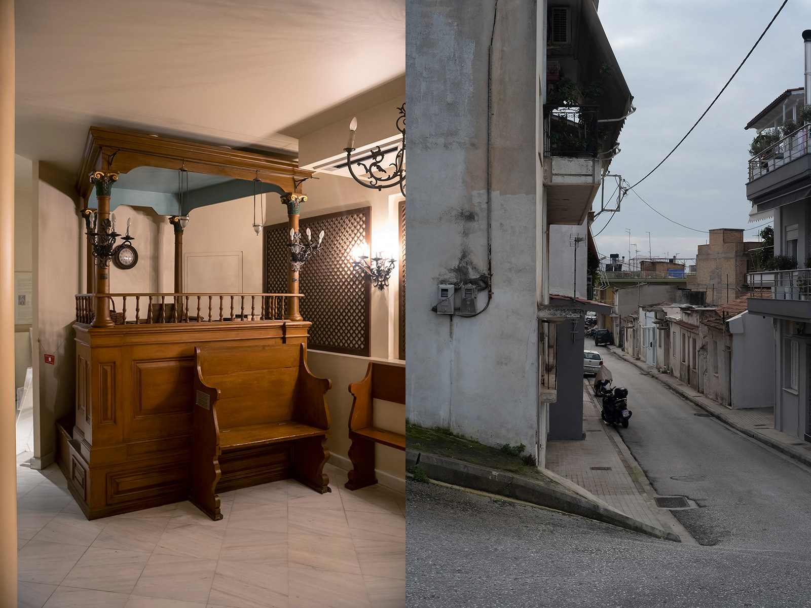 Jason Francisco / Left: The bimah of a synagogue in Patras saved during the building's demolition, now in the Jewish Museum, Athens (this bimah served as the model for the reconstructed bimah at Etz Hayyim); Right: The destroyed and overbuild Jewish cemetery of Patras, the bones still in the ground.