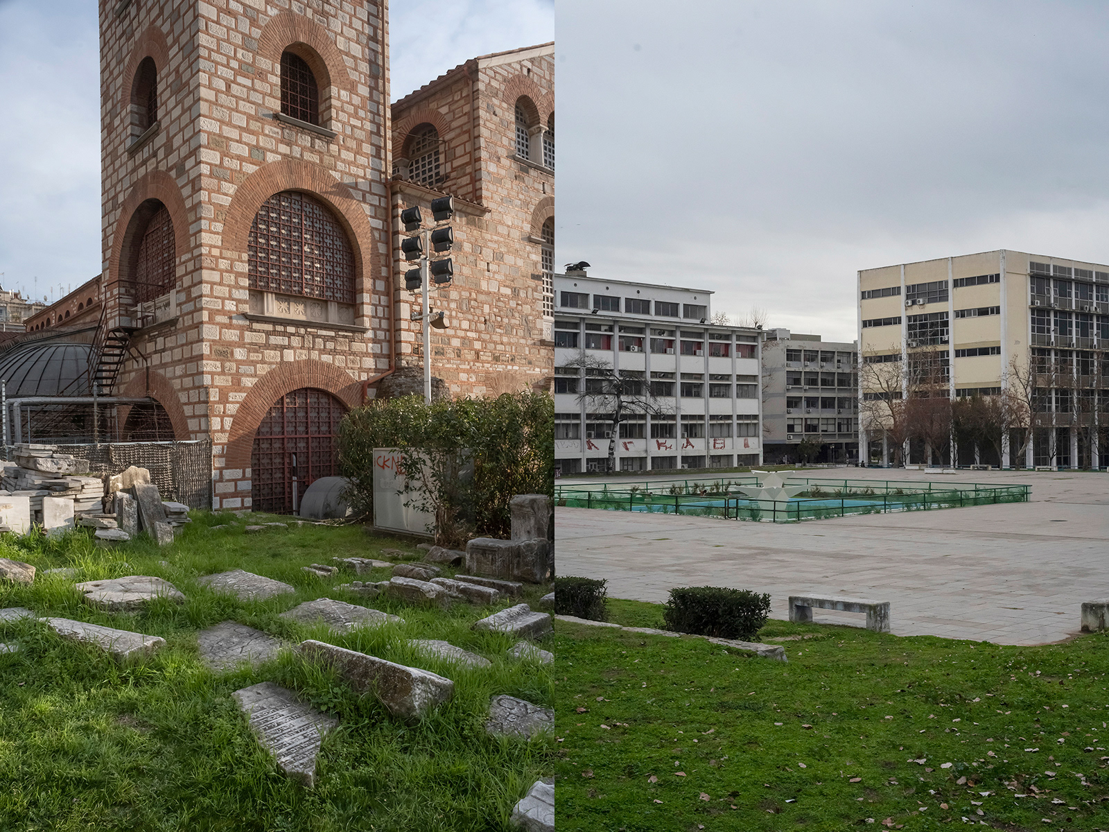 Jason Francisco / Left: The main cathedral of Thessaloniki, whose construction utilized headstones from the Jewish cemetery, some of which remain in the side yard; Right: The ancient Jewish cemetery of Thessaloniki, now Aristotle University, bones still in the ground.