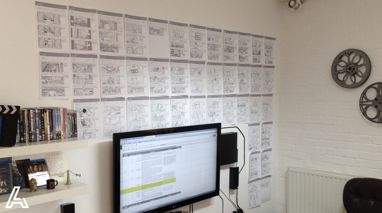 Storyboards I produced for the short film Killing Thyme (2014), displayed on the client's studio wall during pre-production planning