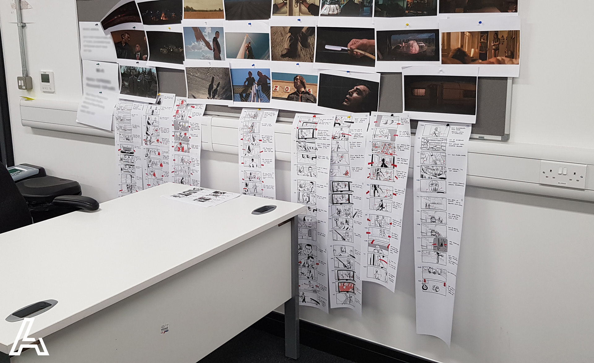 Storyboards I produced for the BBC series Boat Story (2023), displayed on the client's studio wall during pre-production planning