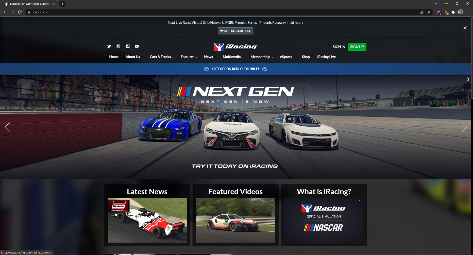 iRacing public website landing page