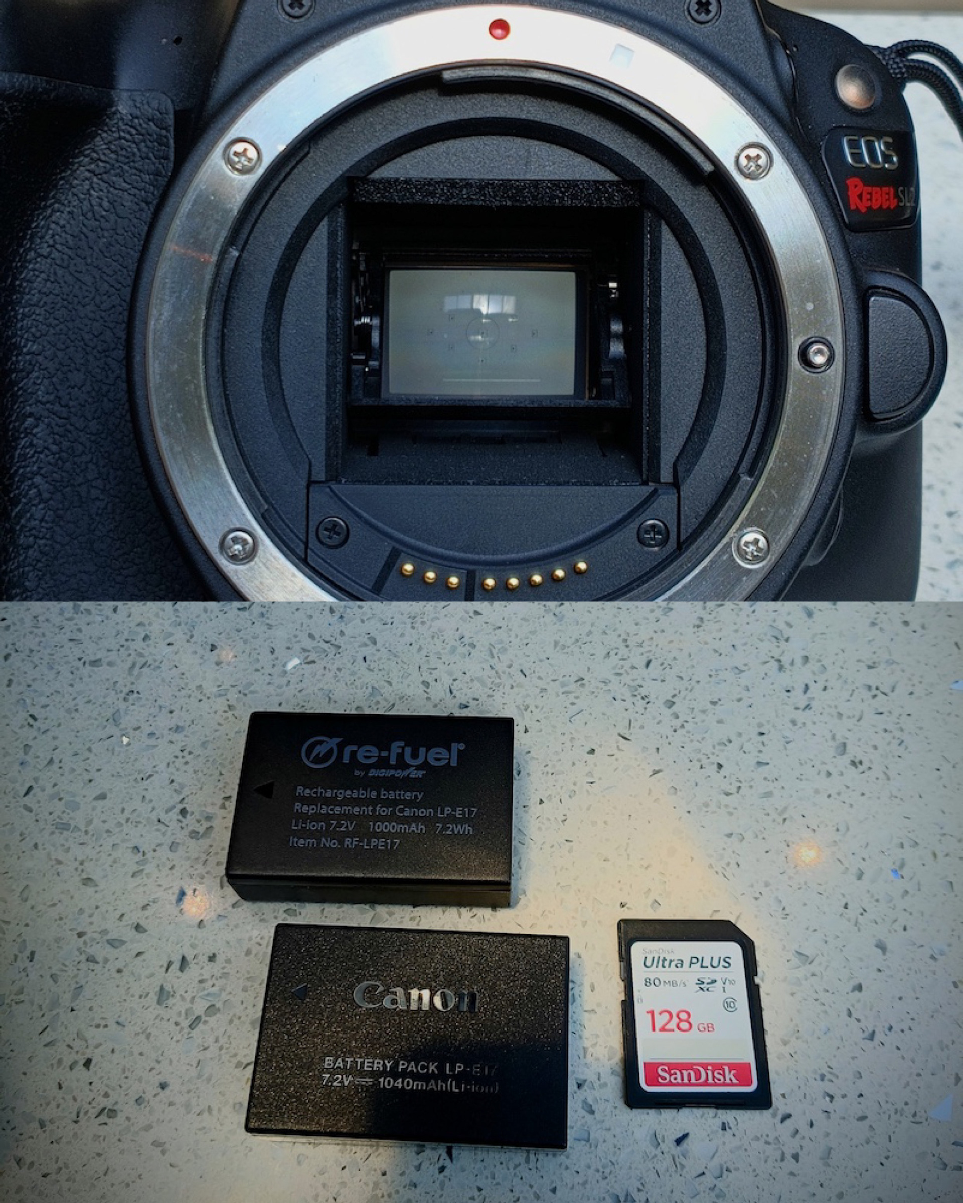 Canon SL2 Right Front View + 2x LP E17 Batteries + 128 Ultra Plus San Disk SD Card