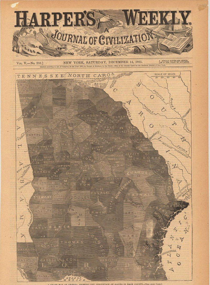 Slaves as percentages of county populations, 1861. Source: https://georgiainfo.galileo.usg.edu/images/uploads/gallery/georgiaslavemap.jpg