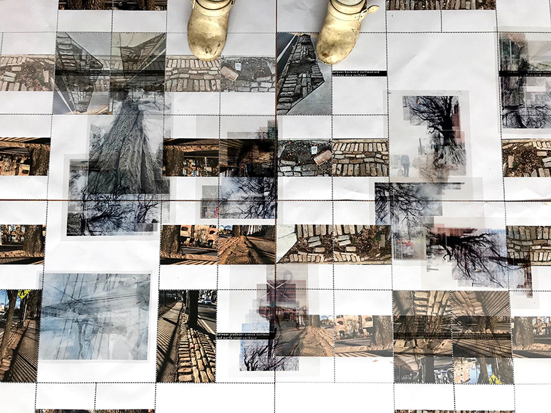 Printed digital photos represent topographies and histories of North Avenue embodied in street trees, warped and broken pavements, communication and power lines, and the smart city cameras these lines empower.