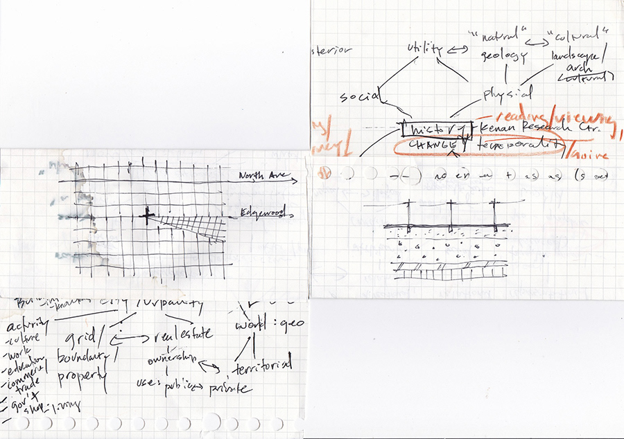 Folding map study juxtaposing brianstormed ideas and smaller, notational sketches of North Avenue. The gridded map "plan" view on left abstracts historic maps of Atlanta that I was finding online. The sketch to the right diagrams a "section" view of communication and power lines along a prototypical city street, imagining a cross-section "cut" through the strata of above and below ground space as vertical layers in a slice of earthen birthday cake. STS philosopher Donna Haraway characterizes the reductive view of plans and sections like these as "a conquering gaze from nowhere," conjured through a "god trick of seeing everything from nowhere" (1988, 581).