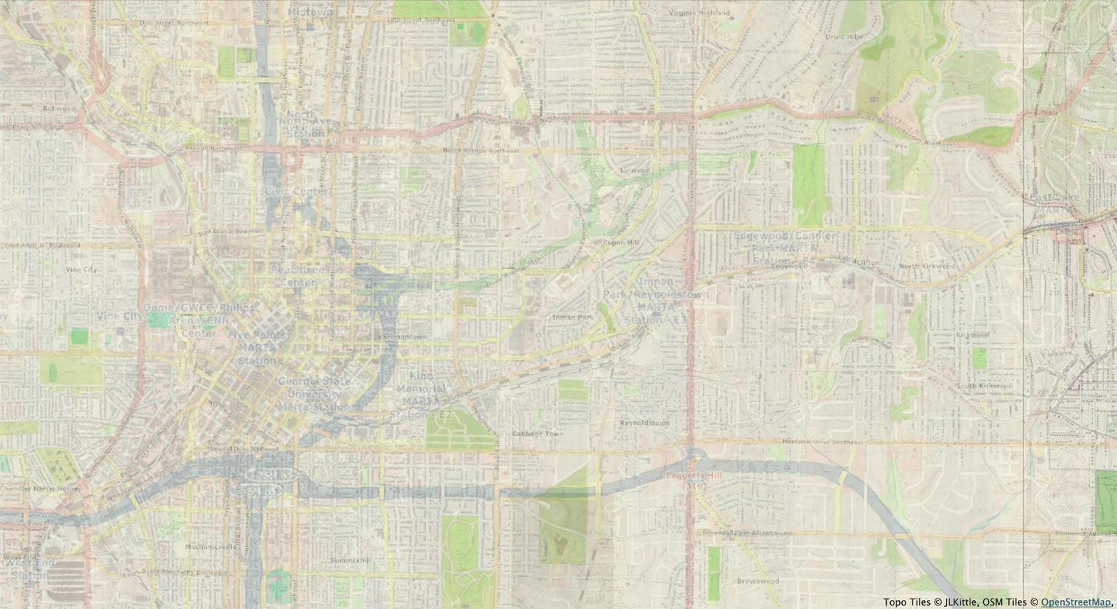 Open Street Map Overlay on 1928 topography map, 2013. Source: http://disc.library.emory.edu/atlantamaps/atlanta-1927-30-topographic-maps-with-open-street-map-overlay/