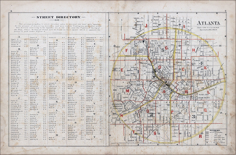 Atlanta City Atlas, 1861. "City Atlas of Atlanta, Georgia: from Actual Surveys and Records. Published for the Southern and Southwestern Surveying and Pub. Co. by G.M. Hopkins, C.E., 1878." North Avenue crosses Plates I and J, centered in the half-mile squares of map grid row B. Source: Emory University, http://www.digitalgallery.emory.edu/luna/servlet/s/5pv3t0.