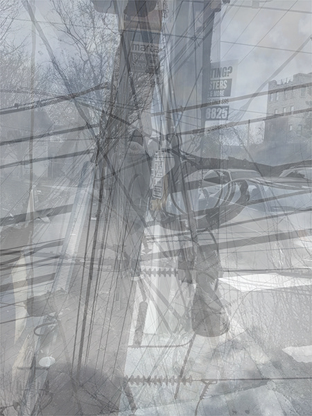 Communication and power lines and "Smart Corridor" cameras at the intersection of North Avenue and Boulevard NE, near a line of former tree locations shown in the folded maps and their folding templates.