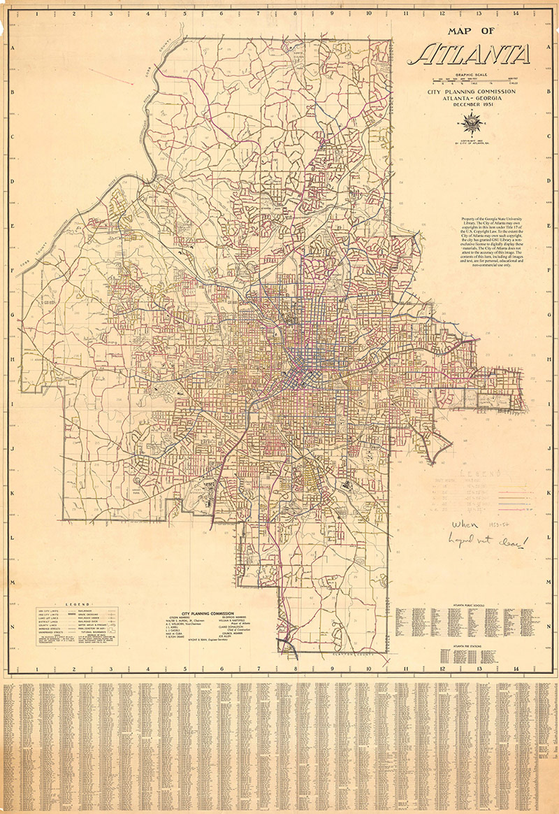 Map of pavement widths in Atlanta and unincorporated Fulton County,1951-1952. Source: Georgia State University, http://digitalcollections.library.gsu.edu/cdm/singleitem/collection/atlmaps/id/1864/rec/3