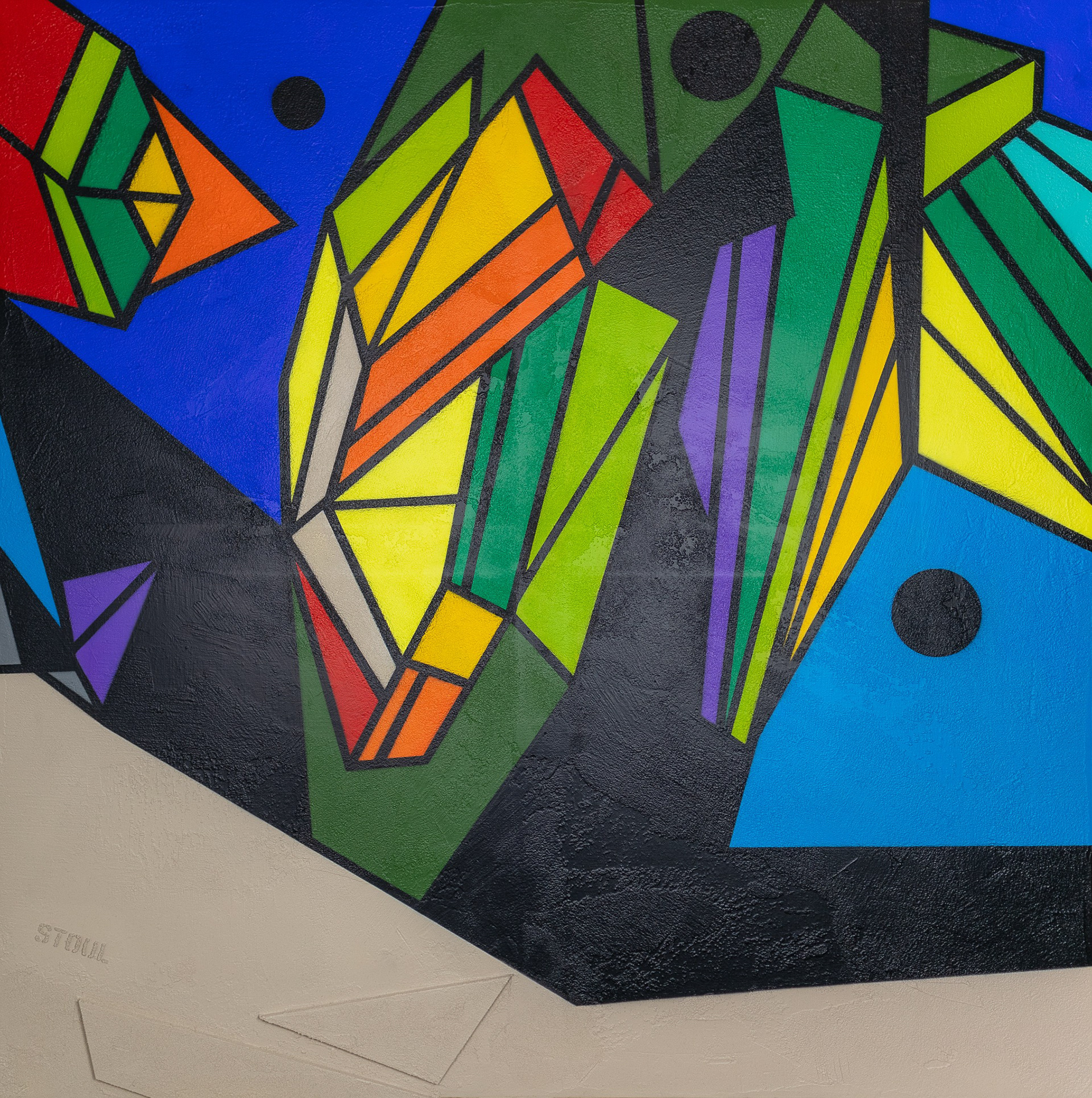 Fleur de la Canopée – Le Beffroi de la Ville de Montrouge, 2022 — Peinture acrylique et enduit pierre sur toile, caisse américaine en chêne, 100 × 100 cm.