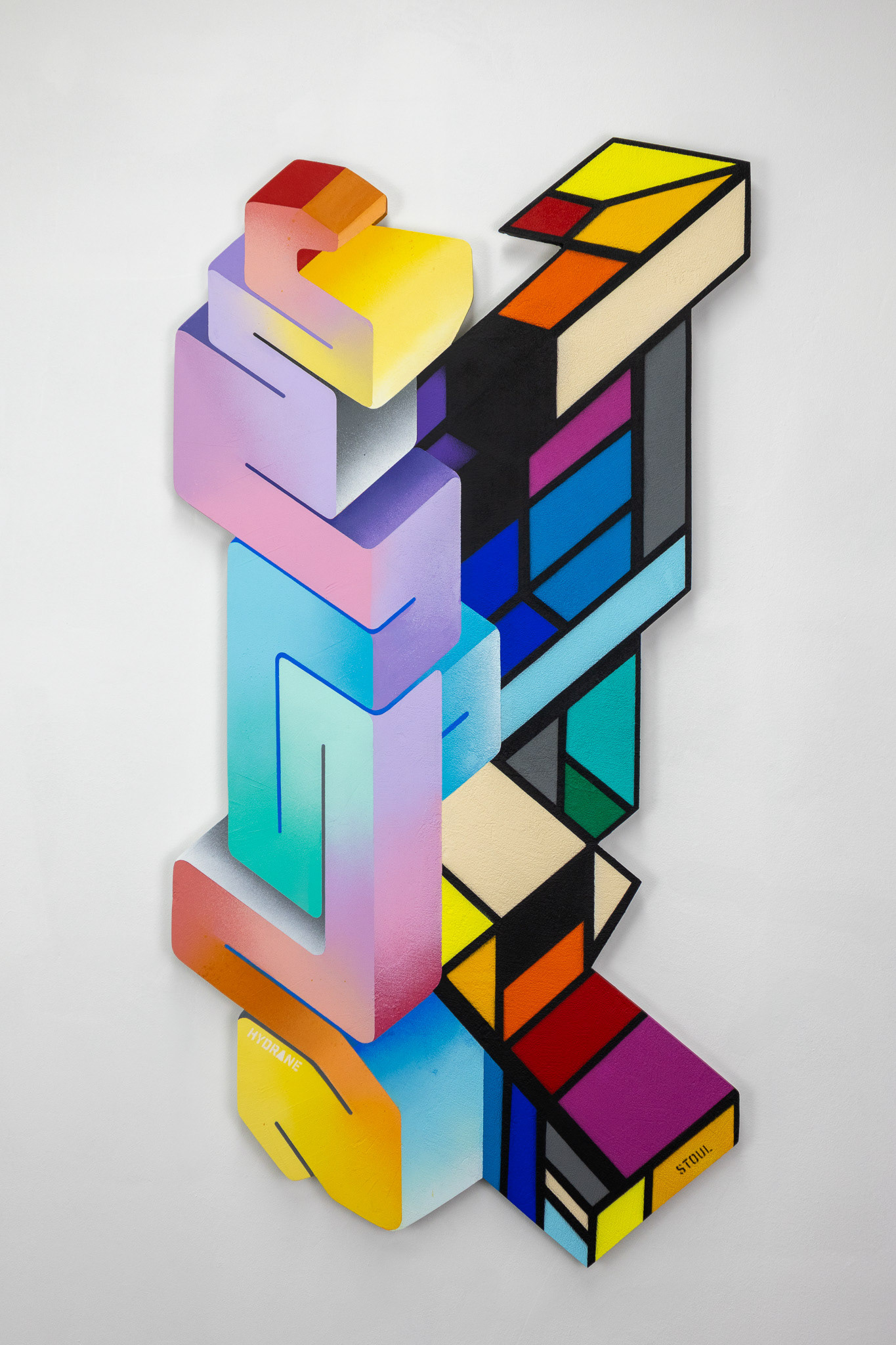 "Totem stohyd" Stoul - Hydrane Peinture spray acrylique et enduit pierre sur toile 115x58x3cm 2025