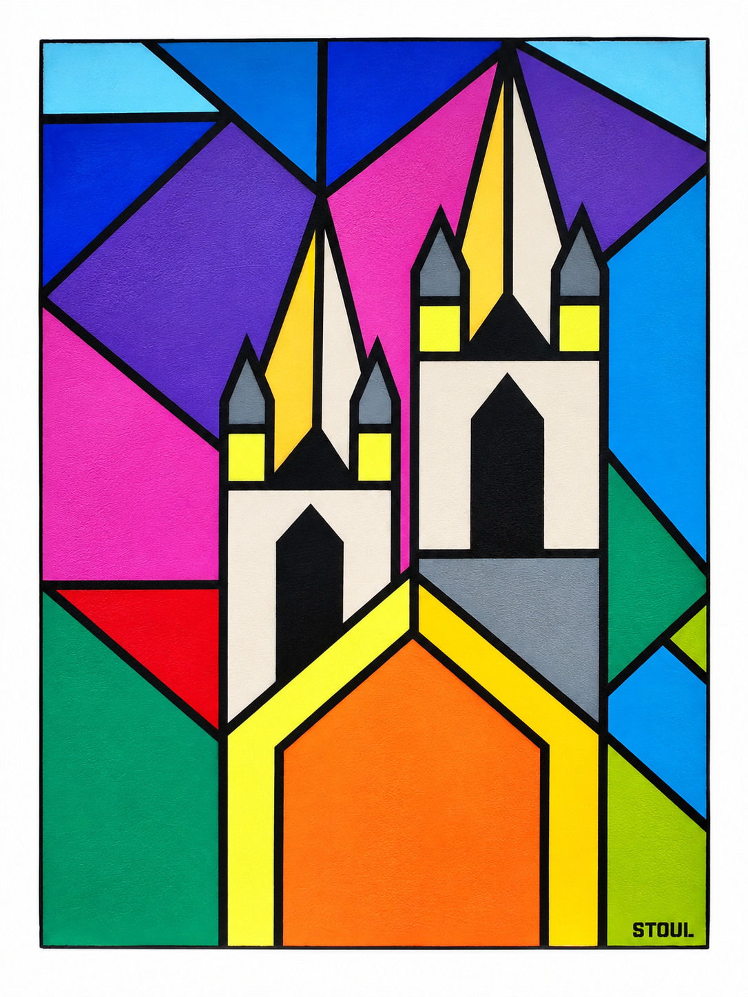 Tableau église Oru, La Ferté-Macé – Église — Peinture et enduit pierre sur toile, 80 × 60 cm, Stoul, 2025. Réinterprétation géométrique des deux tours de l’église de La Ferté-Macé.