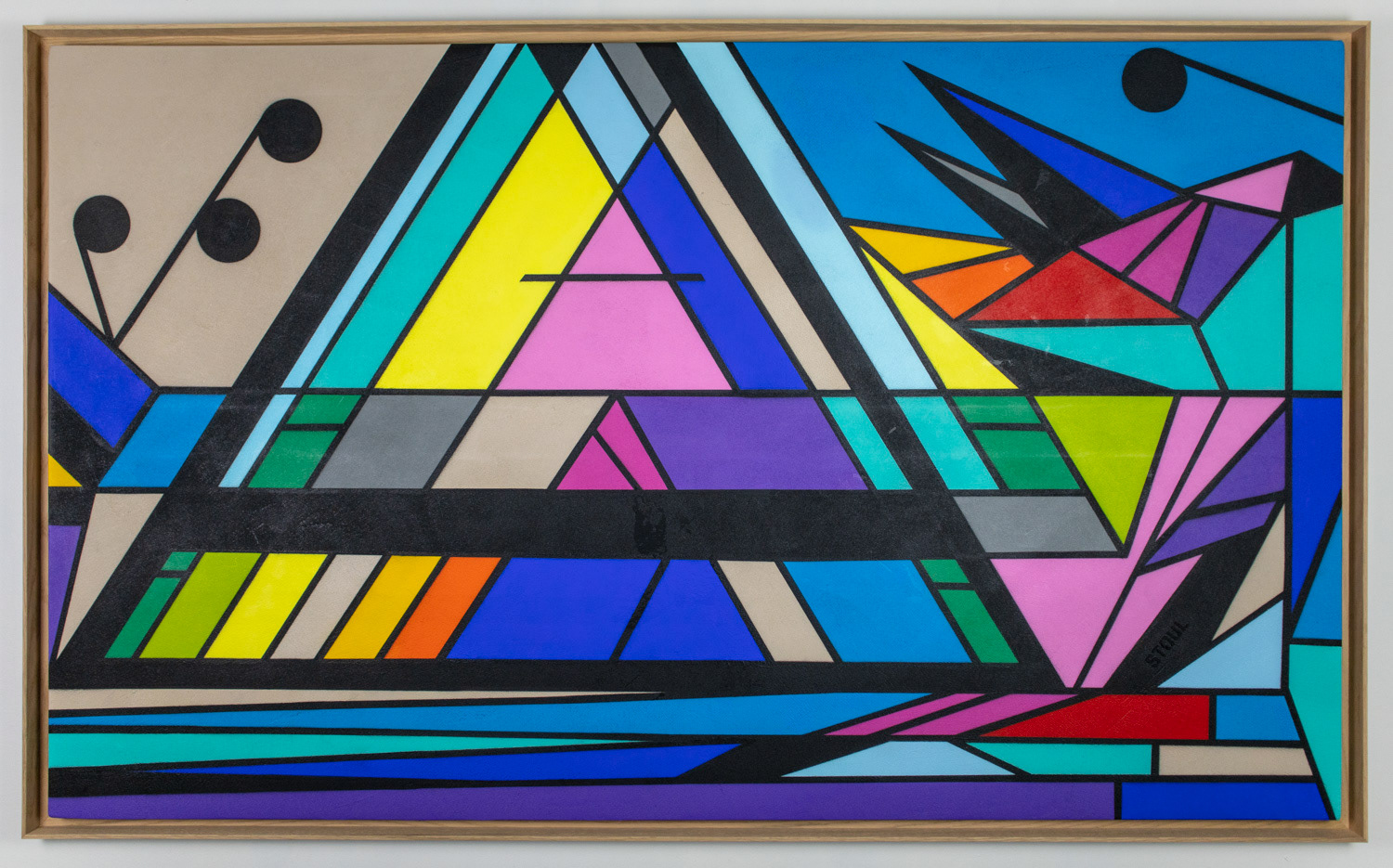 "L'Air des 4 éléments - Ecole Championnet Paris" 2022 Peinture acrylique et enduit pierre sur toile - Caisse américaine en chêne 97x163 cm