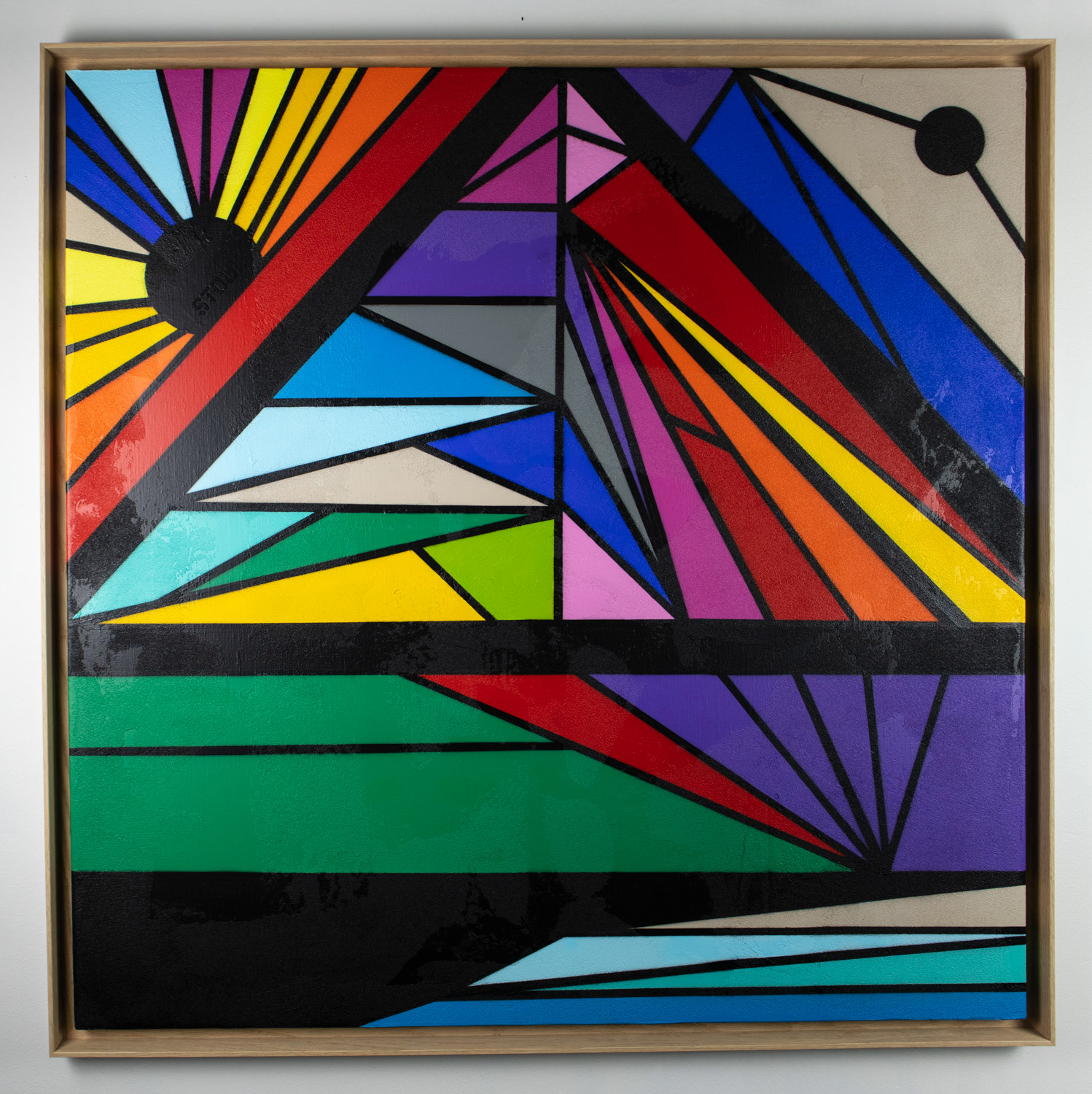 "Le feu des 4 éléments - Ecole Championnet Paris" 2022 Peinture acrylique et enduit pierre sur toile - Caisse américaine en chêne - 100x100 cm